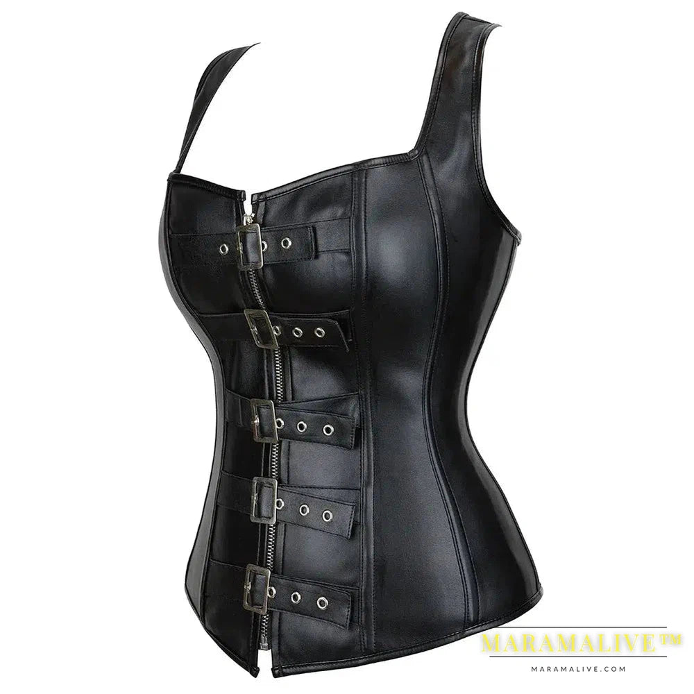 Steampunk Women Overbust Corset Front Zip Shoulder Straps Body Shaperwear Black Leather Bustier Top