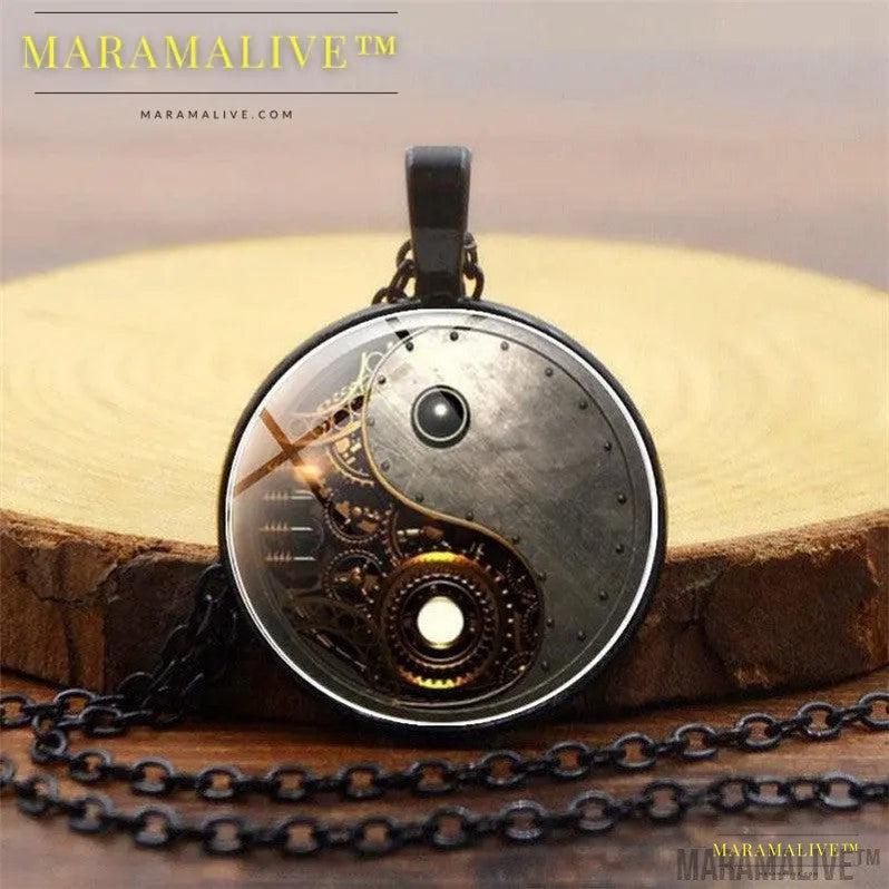 Steampunk Yin Yang time Gem Necklace Pendant