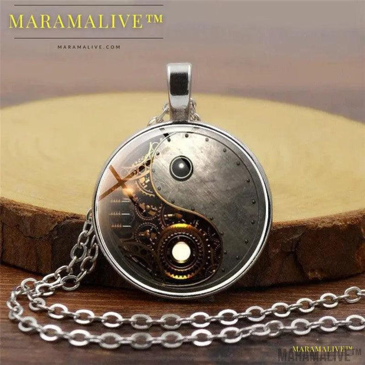 Steampunk Yin Yang time Gem Necklace Pendant