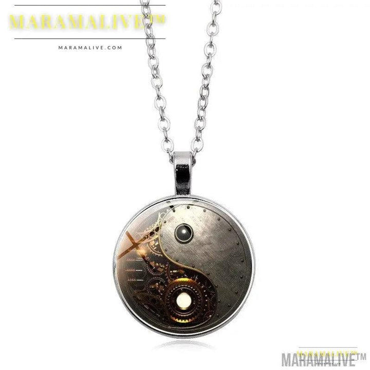 Steampunk Yin Yang time Gem Necklace Pendant