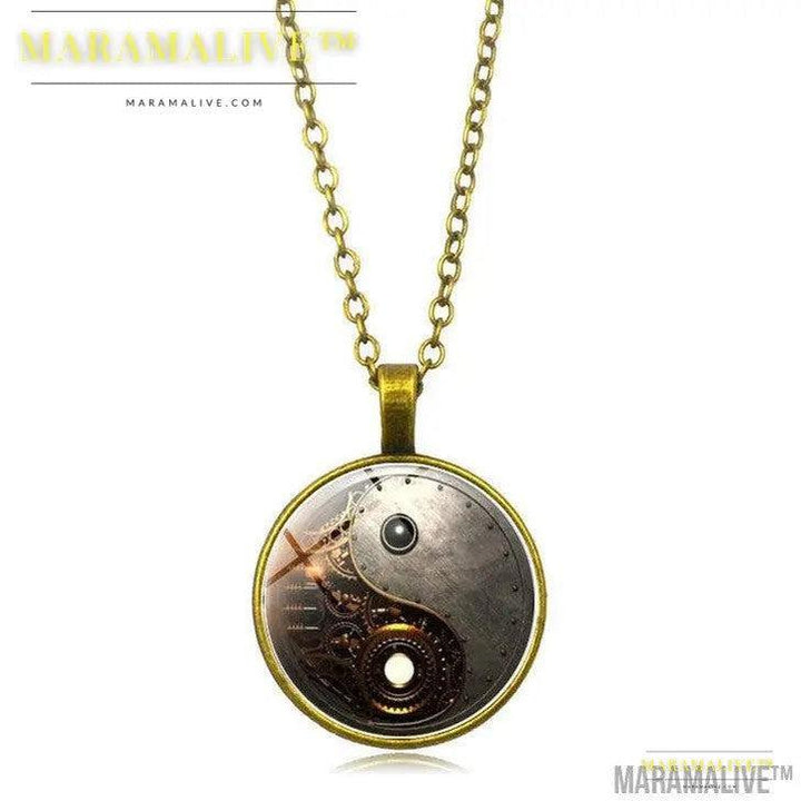 Steampunk Yin Yang time Gem Necklace Pendant