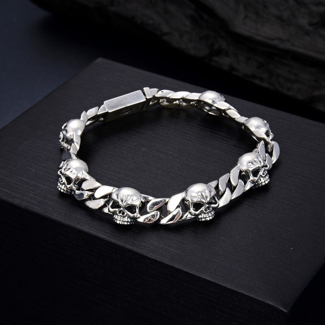 Sterling Silver Domineering Skull Bracelet Men's Hip Hop Punk Hand Jewelry