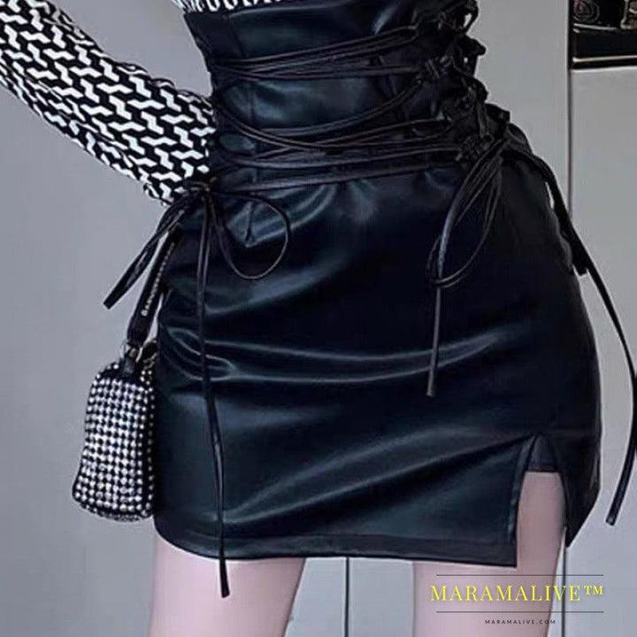 Strap Fashion High Waist Small Leather Skirt