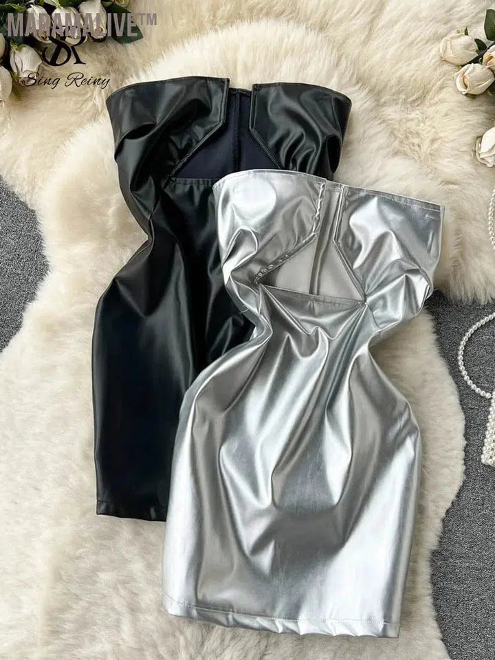 Strapless Sexy Short Dress Summer Sleeveless Bodycon Hollow Out Fashion Y2K Women Evening PU Leather Slim Dress