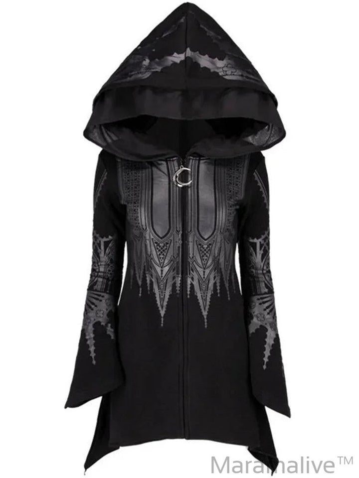 Street Goth Punk Style Black Long Hooded Top Retro Dark Grunge Y2K Print Sweatshirts 2022 New Autumn Winter Ladies Tops