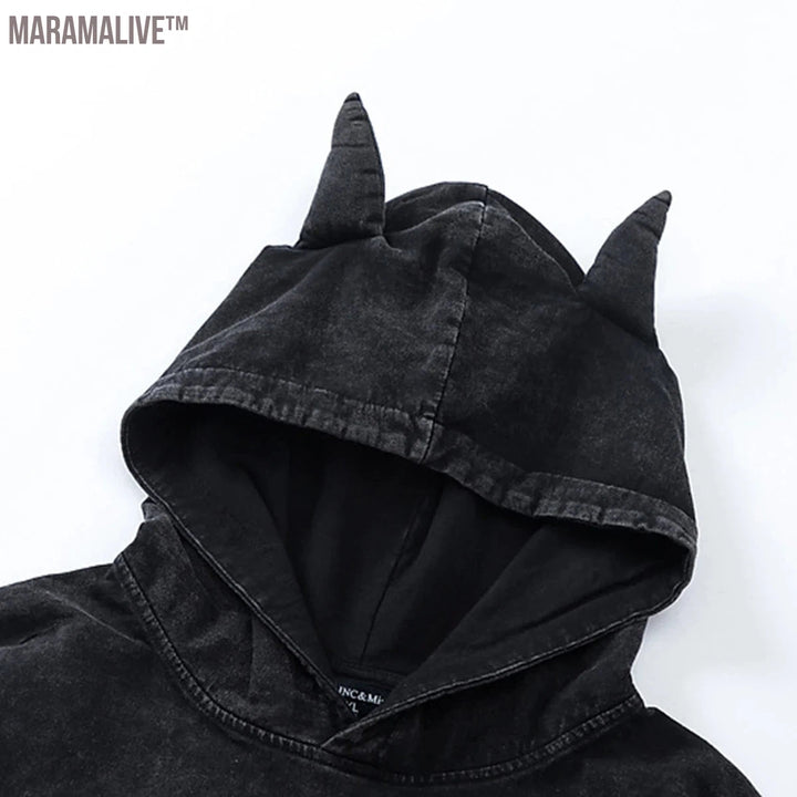 Streetwear Hooded T Shirts Printed Ripped Harajuku Hip Hop T-shirts Men Summer Fashion Devil Horn Oversized Tee Loose Cotton Top