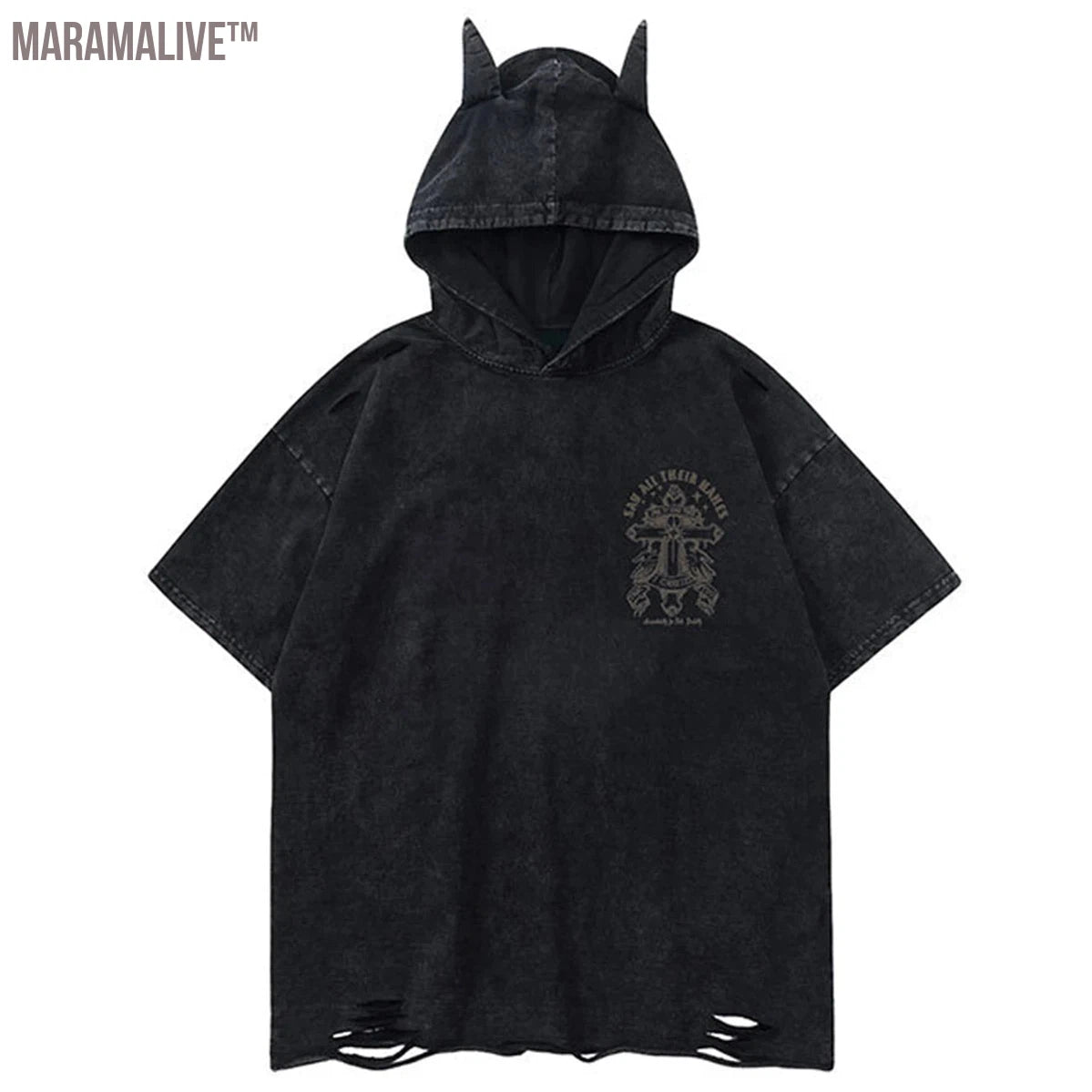 Streetwear Hooded T Shirts Printed Ripped Harajuku Hip Hop T-shirts Men Summer Fashion Devil Horn Oversized Tee Loose Cotton Top