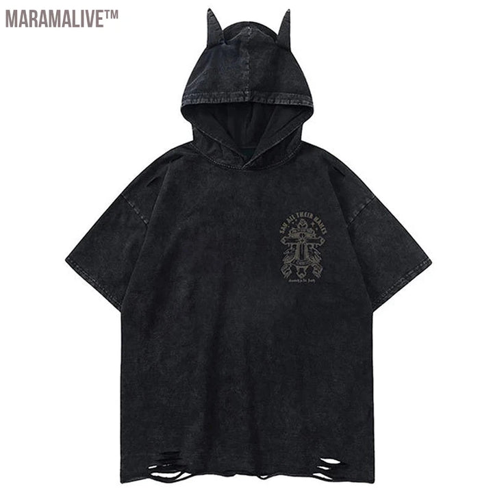 Streetwear Hooded T Shirts Printed Ripped Harajuku Hip Hop T-shirts Men Summer Fashion Devil Horn Oversized Tee Loose Cotton Top