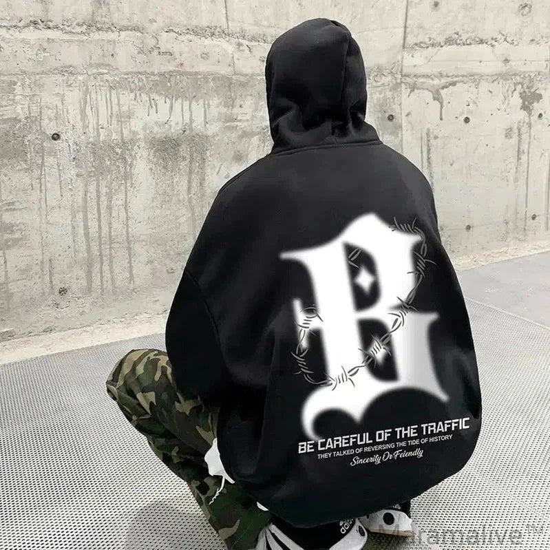 Streetwear Hoodie For Men Spring New Back Big R Letter Print Hooded Sweatshirt High Street Man Hoodies Loose Unisex Sweatshirts