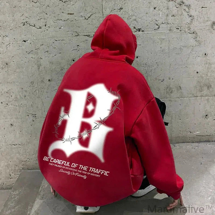 Streetwear Hoodie For Men Spring New Back Big R Letter Print Hooded Sweatshirt High Street Man Hoodies Loose Unisex Sweatshirts