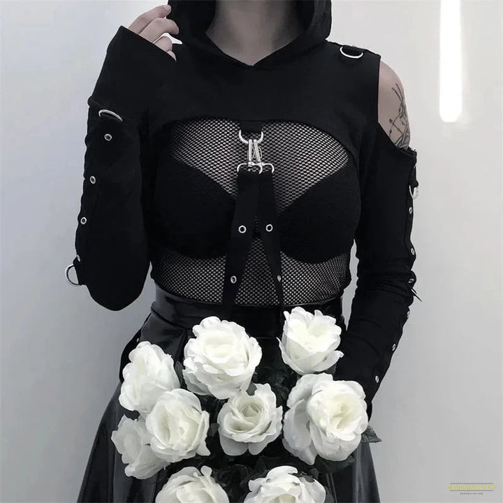 Streetwear Mall Goth Punk Sweatshirt Women Halloween Harajuku Hollow Out Loose Hoodies Dark Gothic Y2k Hipster Pullover