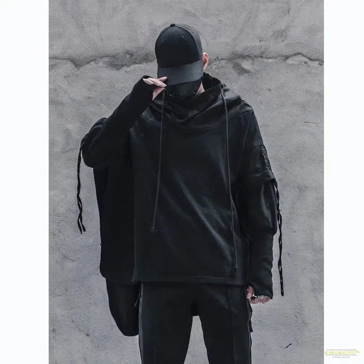 Streetwear Men Loose Hoodies Hip Hop Batwing Sleeve Wizard's Pullover Fake Two Darkwear Tops Techwear Sweatshirt Black