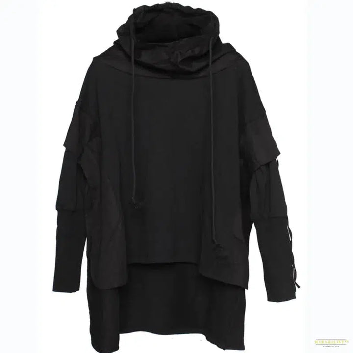 Streetwear Men Loose Hoodies Hip Hop Batwing Sleeve Wizard's Pullover Fake Two Darkwear Tops Techwear Sweatshirt Black