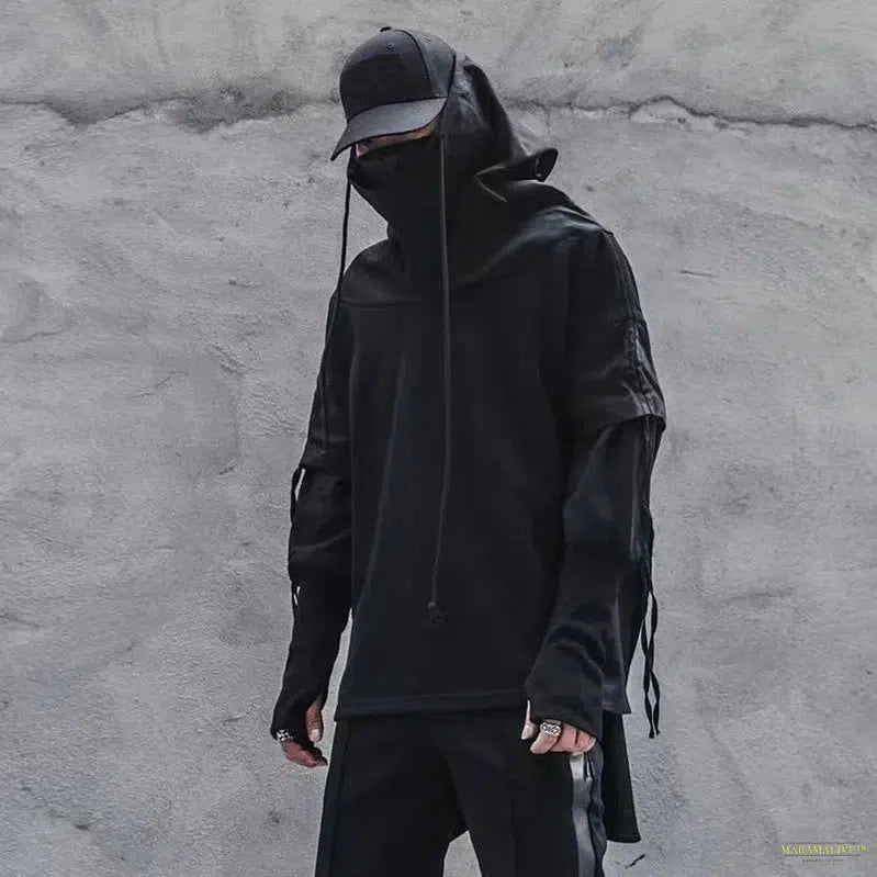 Streetwear Men Loose Hoodies Hip Hop Batwing Sleeve Wizard's Pullover Fake Two Darkwear Tops Techwear Sweatshirt Black