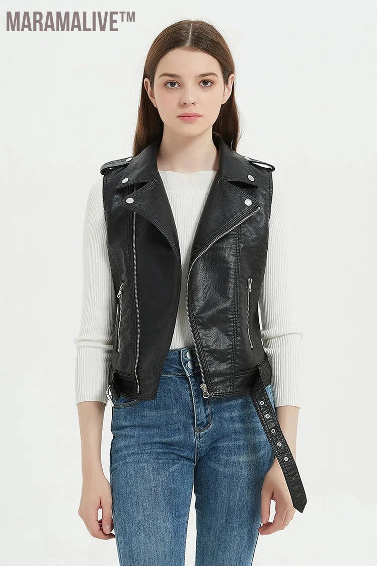 Streetwear Women Soft PU Vest Female Plus Size 5XL Faux Sheepskin Lapel Coat Moto Biker Waistcoat Sleeveless Leather Jacket