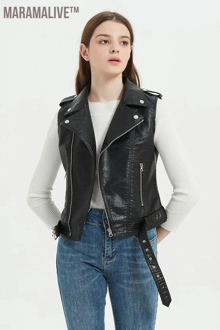 Streetwear Women Soft PU Vest Female Plus Size 5XL Faux Sheepskin Lapel Coat Moto Biker Waistcoat Sleeveless Leather Jacket