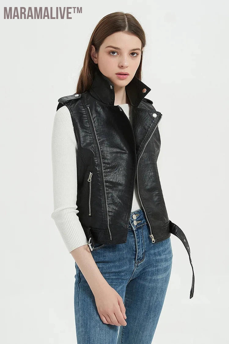 Streetwear Women Soft PU Vest Female Plus Size 5XL Faux Sheepskin Lapel Coat Moto Biker Waistcoat Sleeveless Leather Jacket