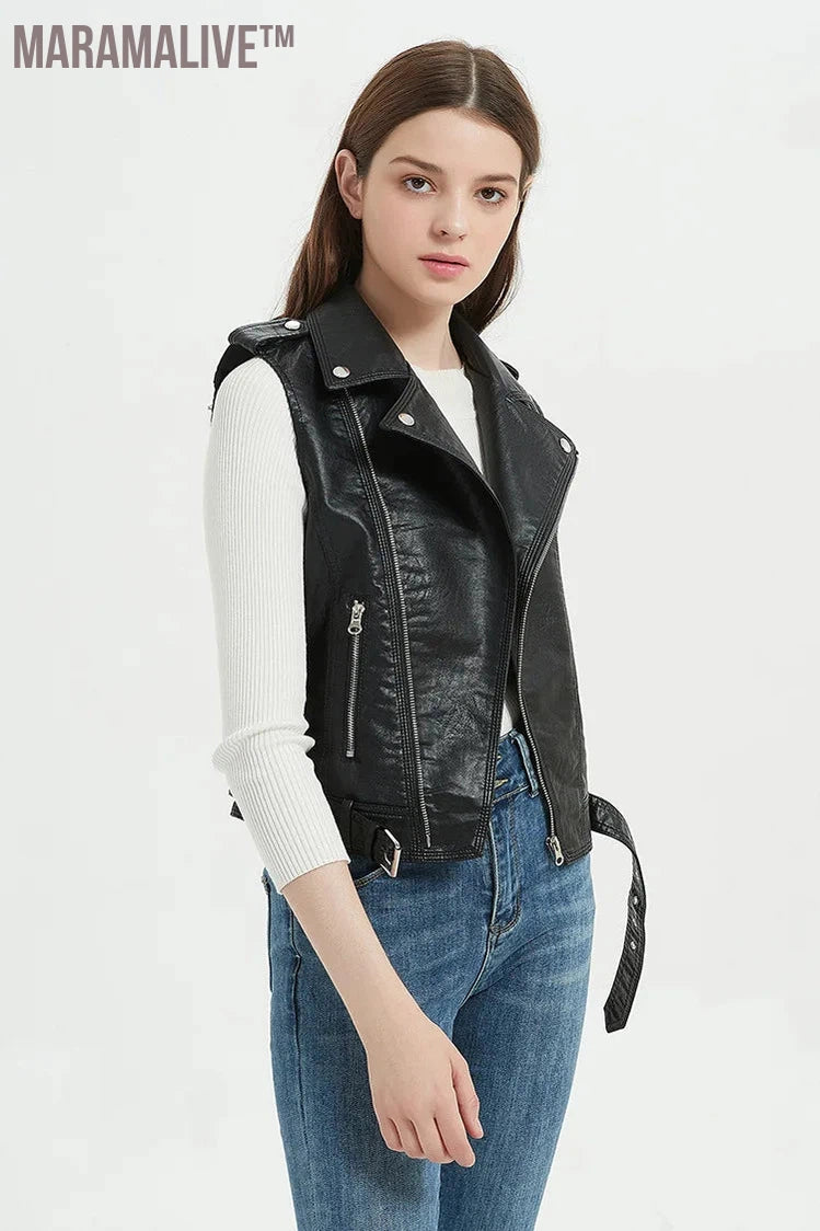 Streetwear Women Soft PU Vest Female Plus Size 5XL Faux Sheepskin Lapel Coat Moto Biker Waistcoat Sleeveless Leather Jacket