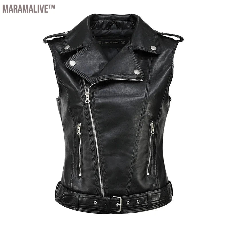 Streetwear Women Soft PU Vest Female Plus Size 5XL Faux Sheepskin Lapel Coat Moto Biker Waistcoat Sleeveless Leather Jacket