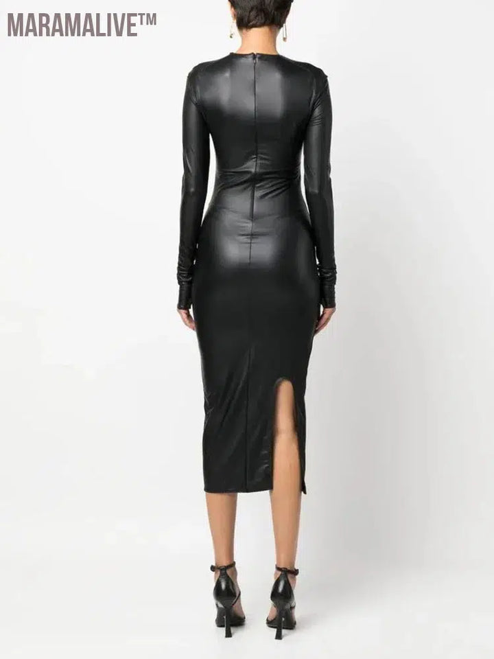 Stretch Black Matte Leather Dress Women Elegant Long Sleeve Mid Dress Back Hem Side Split PU Bodycon Round Neck Dress Clubwear