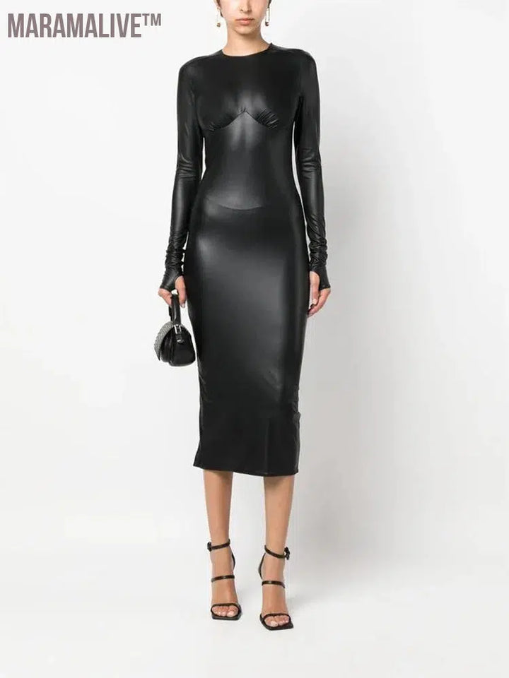 Stretch Black Matte Leather Dress Women Elegant Long Sleeve Mid Dress Back Hem Side Split PU Bodycon Round Neck Dress Clubwear