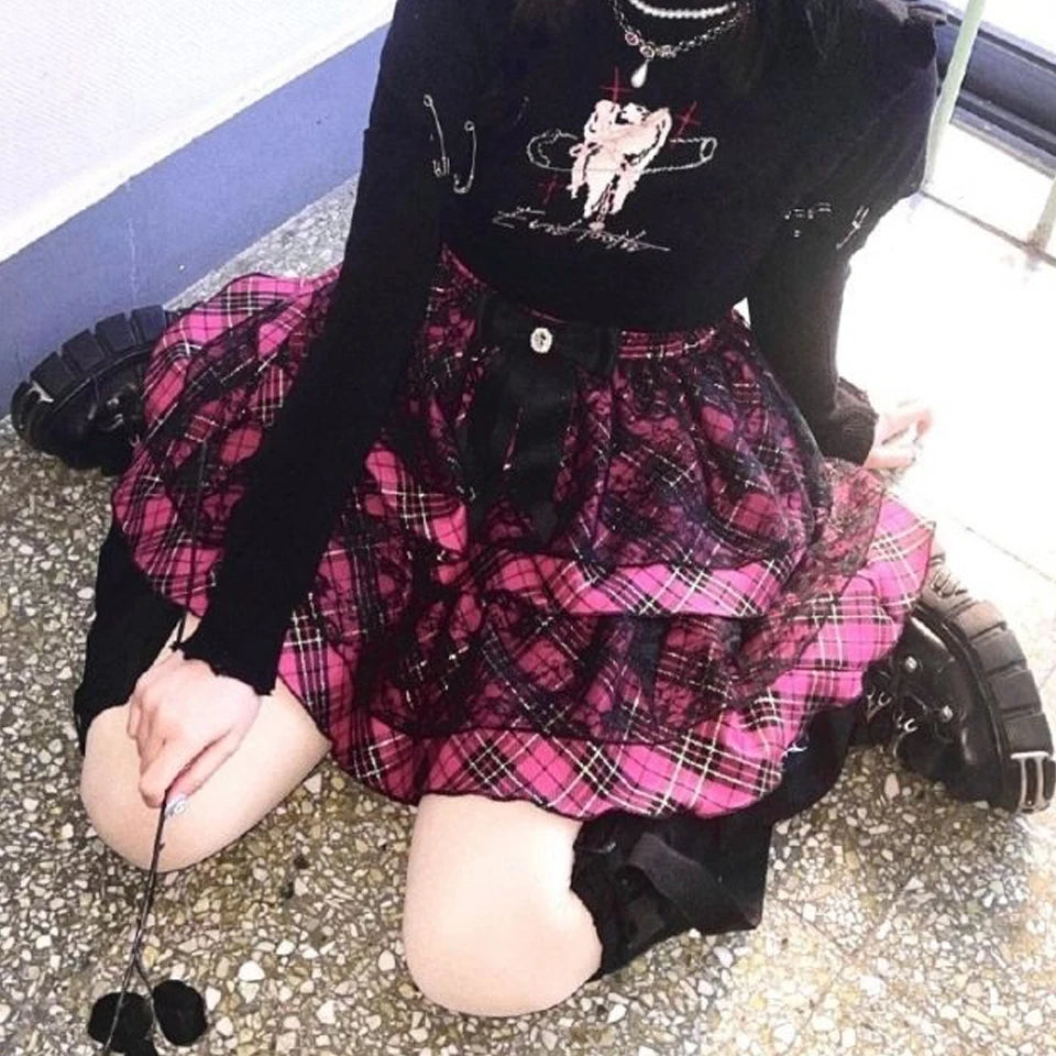 Striped Print Y2K Cake Mini Skirt: Unique Gothic Lace Punk Ball Gown Kawaii Skirt for Party and Casual wear