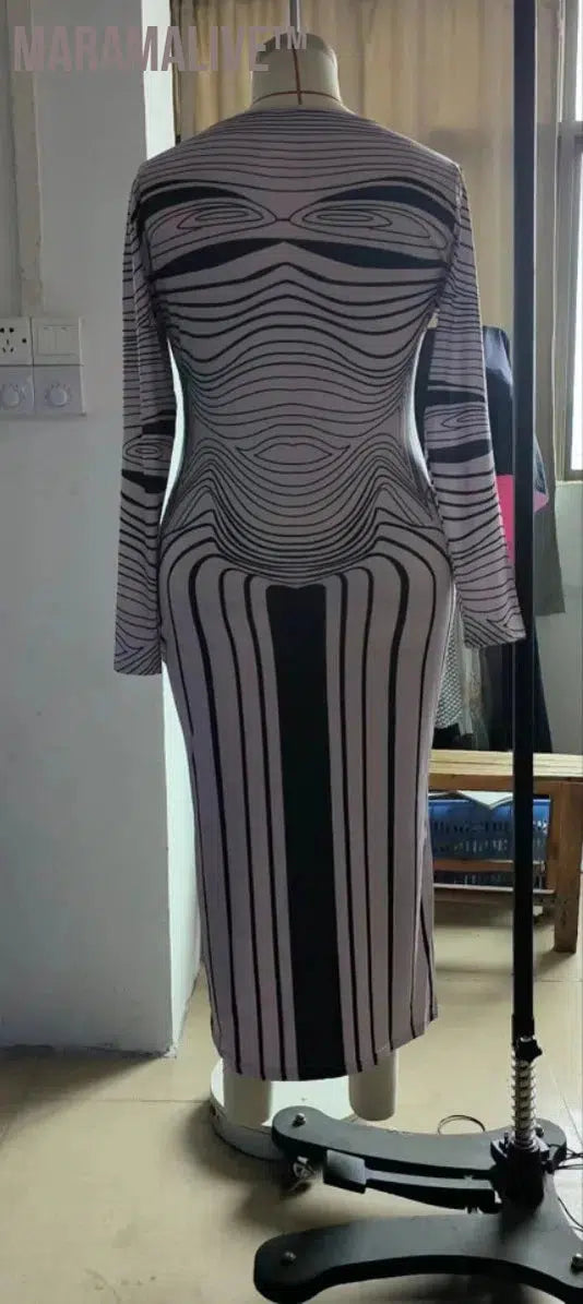 Striped Women Long Dress Round Neck Long Sleeve Plus Size Clothes Stretch Slim Sexy Brown Fashion Dresses