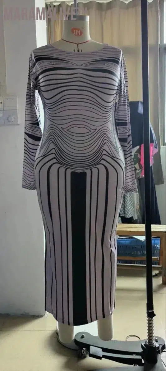 Striped Women Long Dress Round Neck Long Sleeve Plus Size Clothes Stretch Slim Sexy Brown Fashion Dresses