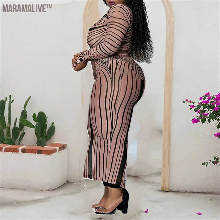 Striped Women Long Dress Round Neck Long Sleeve Plus Size Clothes Stretch Slim Sexy Brown Fashion Dresses