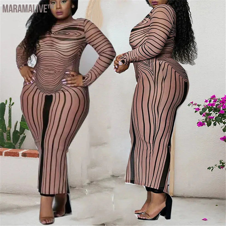 Striped Women Long Dress Round Neck Long Sleeve Plus Size Clothes Stretch Slim Sexy Brown Fashion Dresses