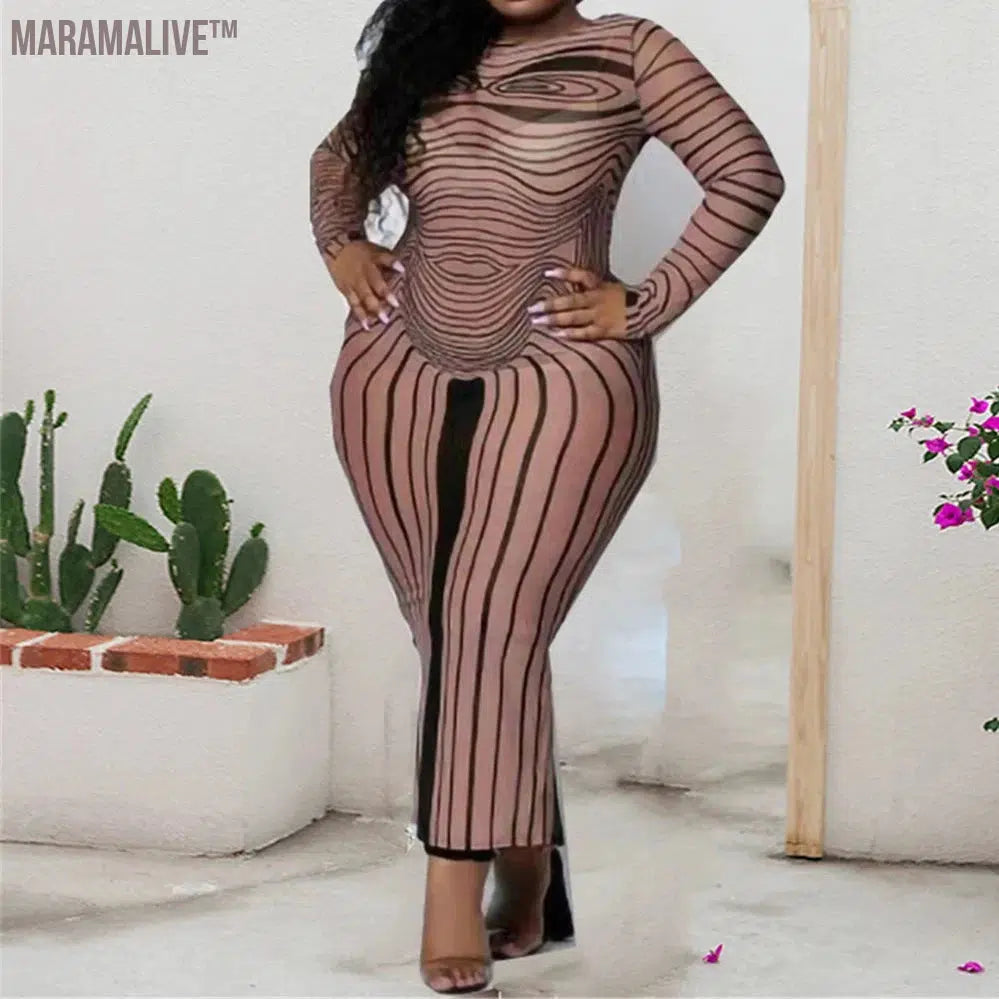 Striped Women Long Dress Round Neck Long Sleeve Plus Size Clothes Stretch Slim Sexy Brown Fashion Dresses