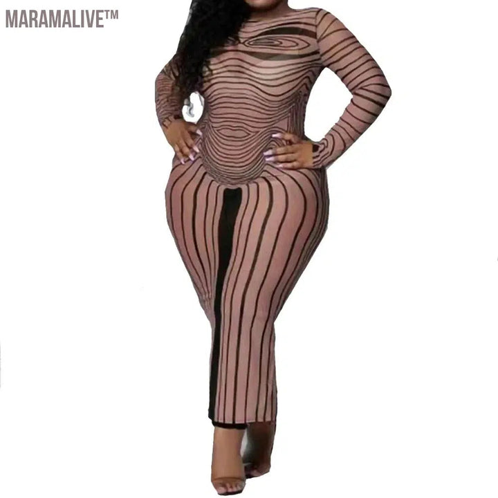 Striped Women Long Dress Round Neck Long Sleeve Plus Size Clothes Stretch Slim Sexy Brown Fashion Dresses