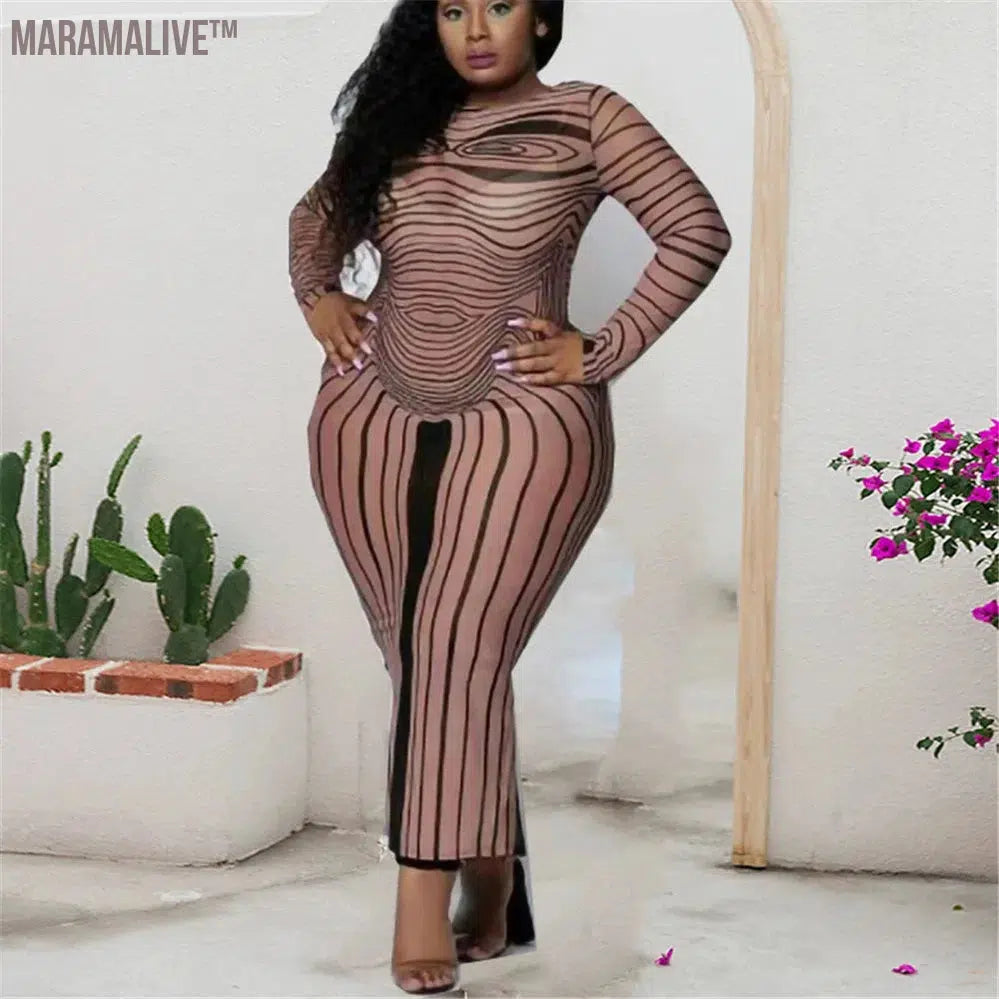 Striped Women Long Dress Round Neck Long Sleeve Plus Size Clothes Stretch Slim Sexy Brown Fashion Dresses