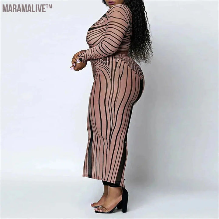 Striped Women Long Dress Round Neck Long Sleeve Plus Size Clothes Stretch Slim Sexy Brown Fashion Dresses