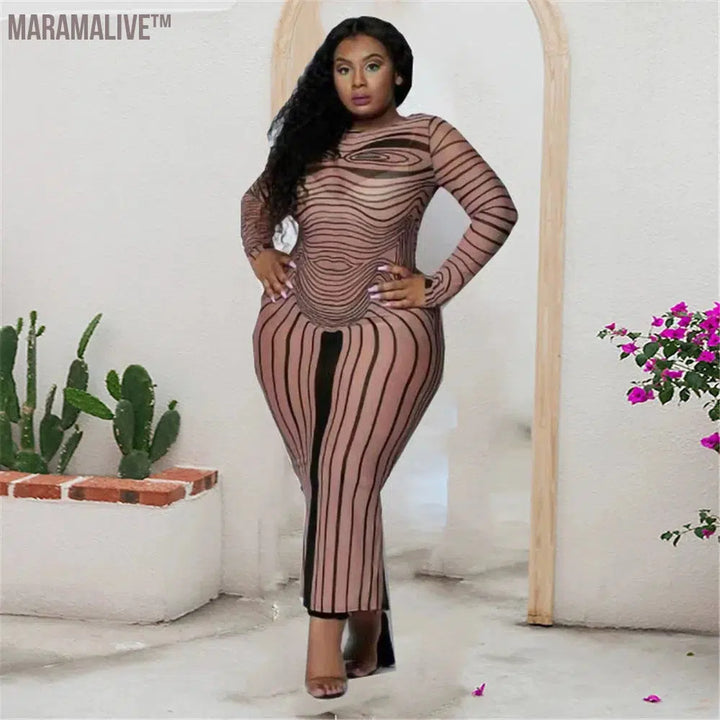 Striped Women Long Dress Round Neck Long Sleeve Plus Size Clothes Stretch Slim Sexy Brown Fashion Dresses