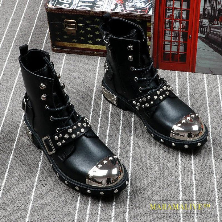 Studded Flat Heel Men's Round Toe Viscose Boots