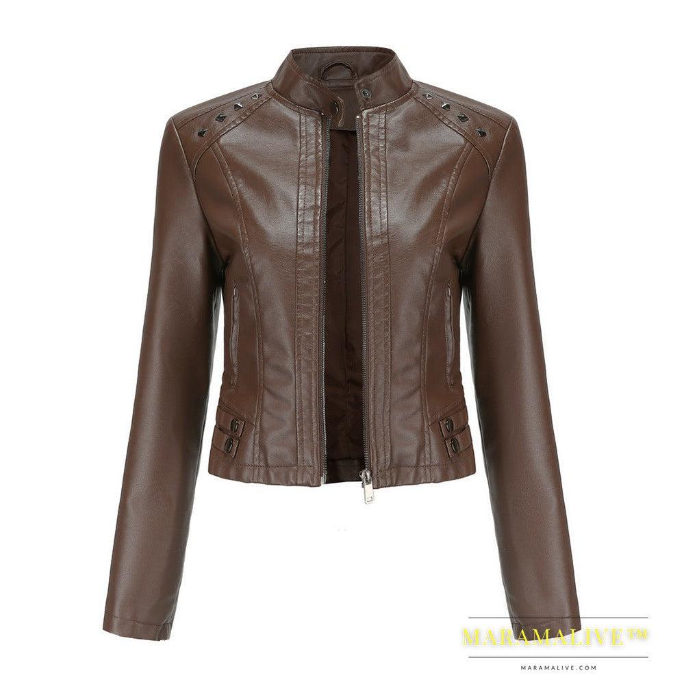 Studded Leather Women Short Jacket Long Sleeves