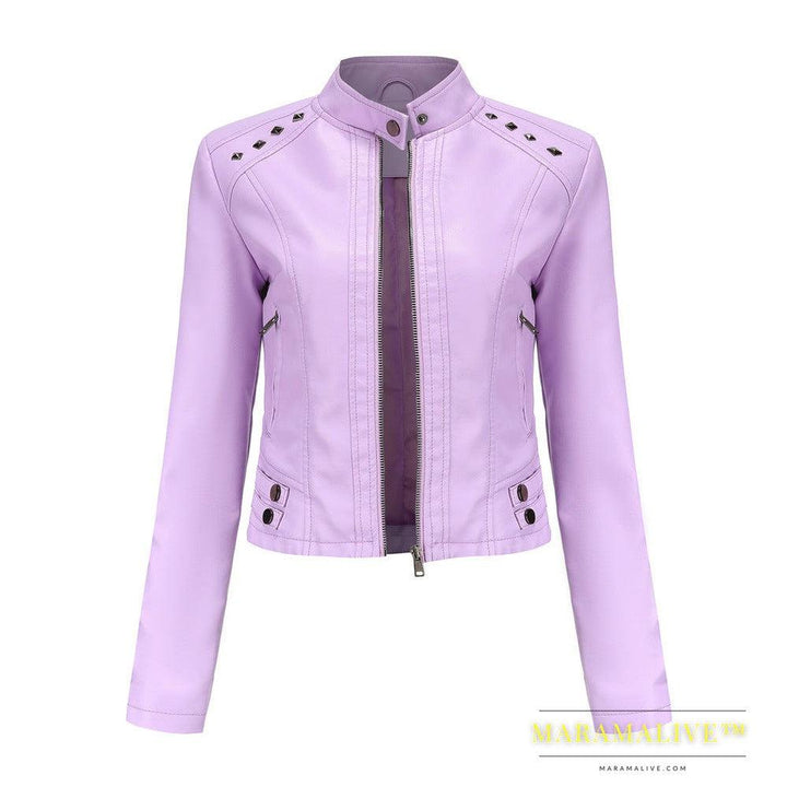 Studded Leather Women Short Jacket Long Sleeves