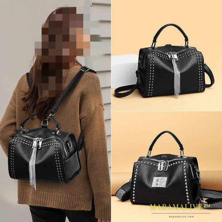 Studded Pillow Bag Soft Leather Retro One-shoulder Diagonal Bag All-match Tassel Handbag Multi-purpose Ladies Backpack