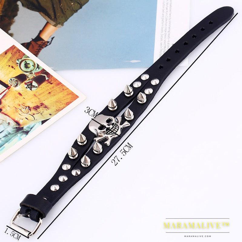 Studded Skull Leather Bracelet European And American Retro Men And Women