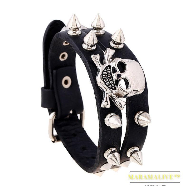 Studded Skull Leather Bracelet European And American Retro Men And Women