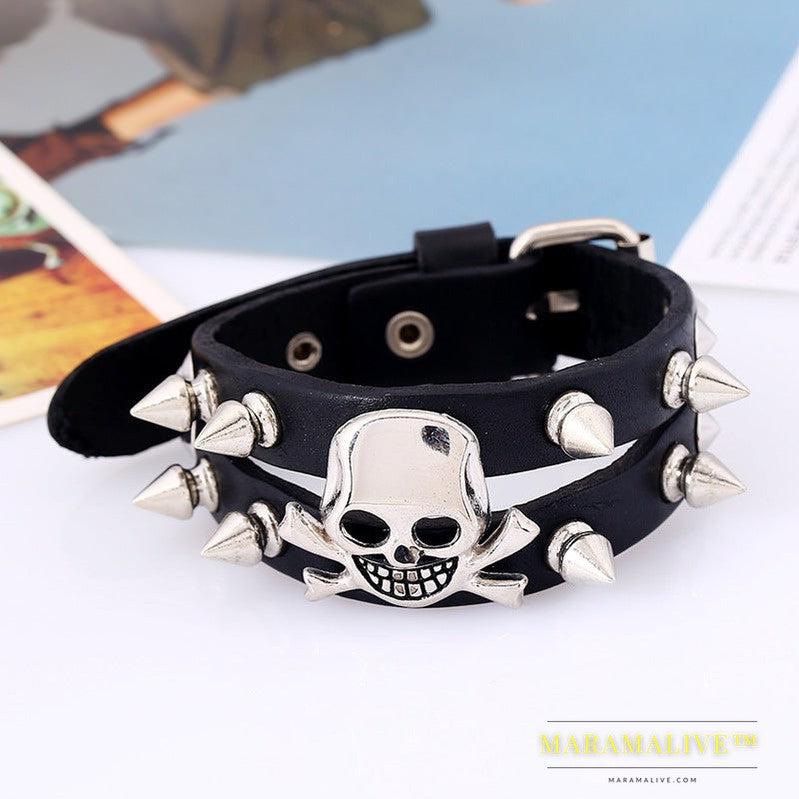 Studded Skull Leather Bracelet European And American Retro Men And Women