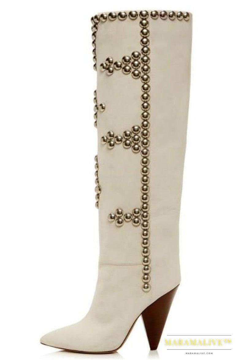 Studded Wedge Heel Point Toe Over-the-knee Boots