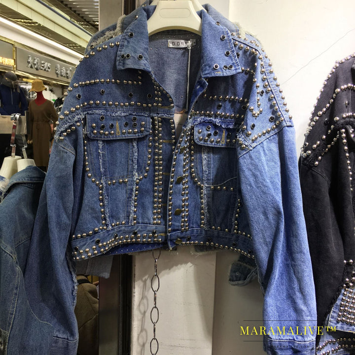 Studded and diamond short denim jacket