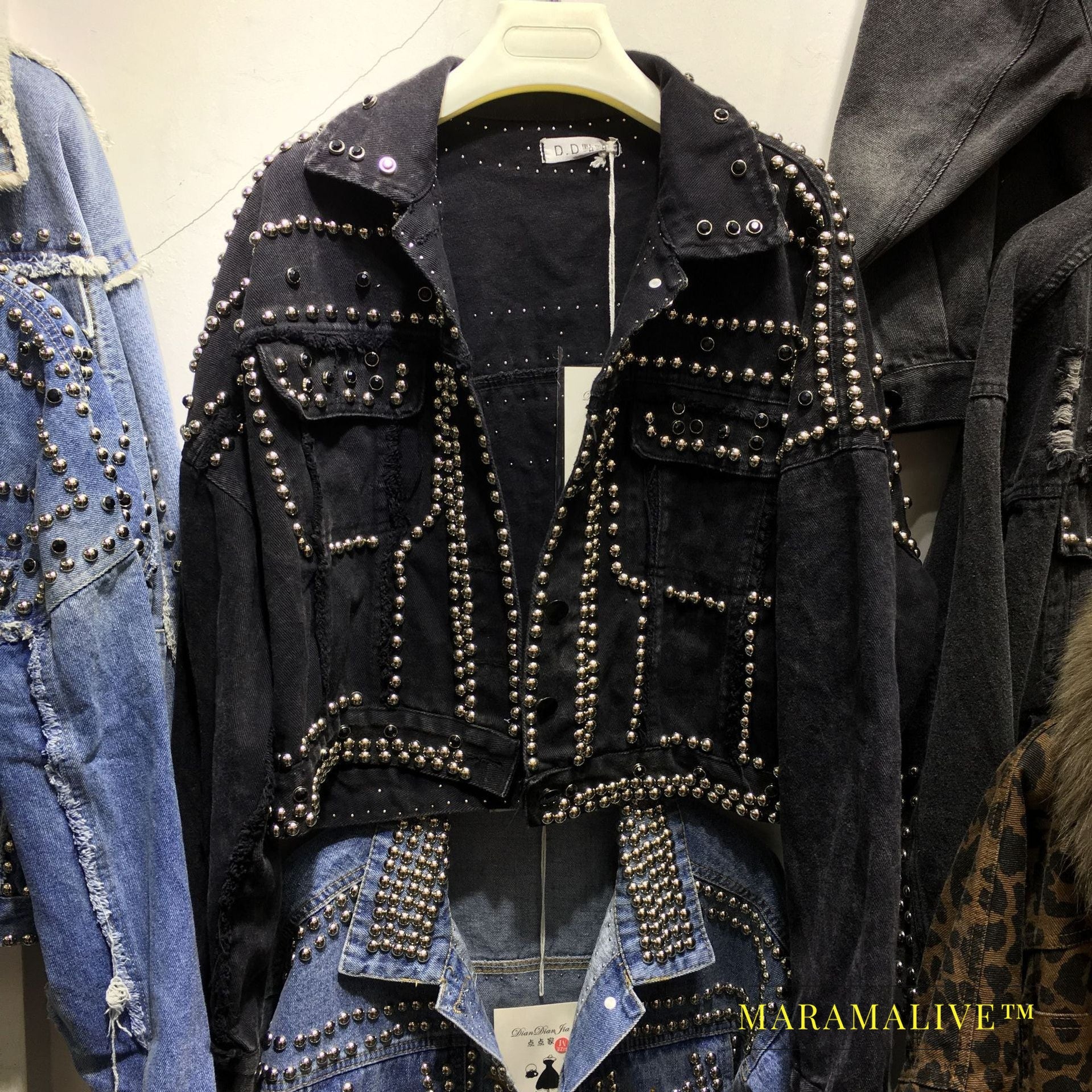 Studded and diamond short denim jacket