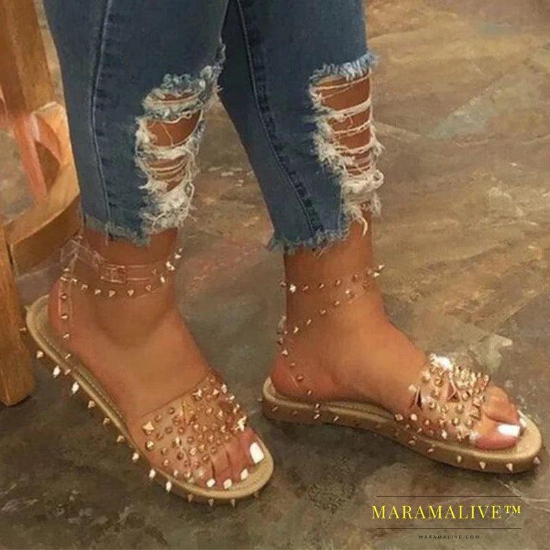 Studded transparent ankle buckle buckle beach sandals