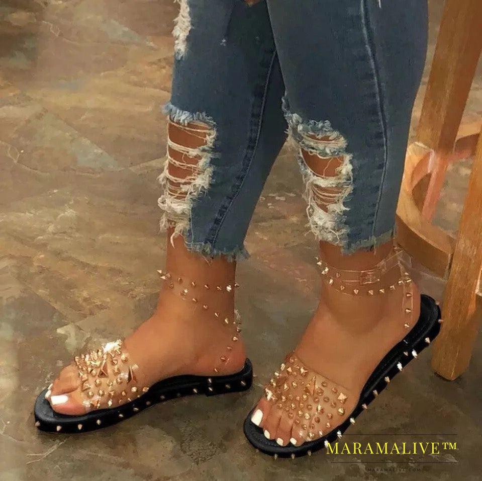 Studded transparent ankle buckle buckle beach sandals