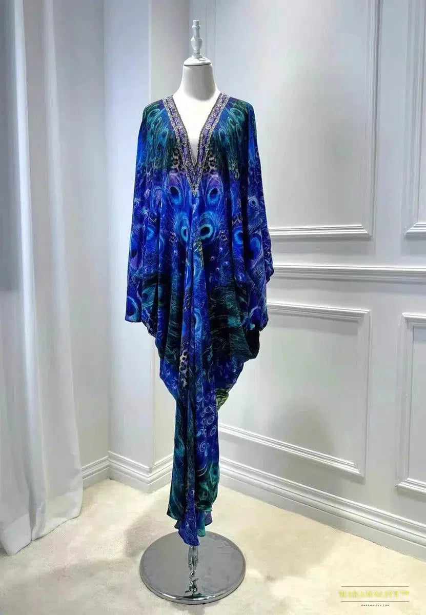 Stunning 2024 Gothic Fashion Blue Peacock Print Silk Dress - V Neck, Batwing Sleeves, Loose Long Step