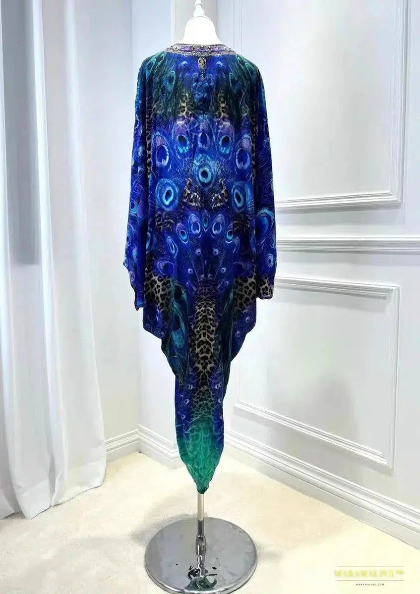 Stunning 2024 Gothic Fashion Blue Peacock Print Silk Dress - V Neck, Batwing Sleeves, Loose Long Step