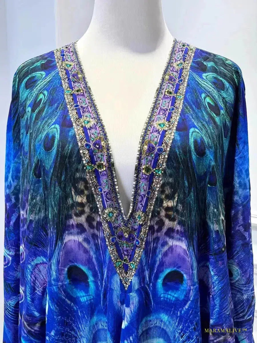 Stunning 2024 Gothic Fashion Blue Peacock Print Silk Dress - V Neck, Batwing Sleeves, Loose Long Step